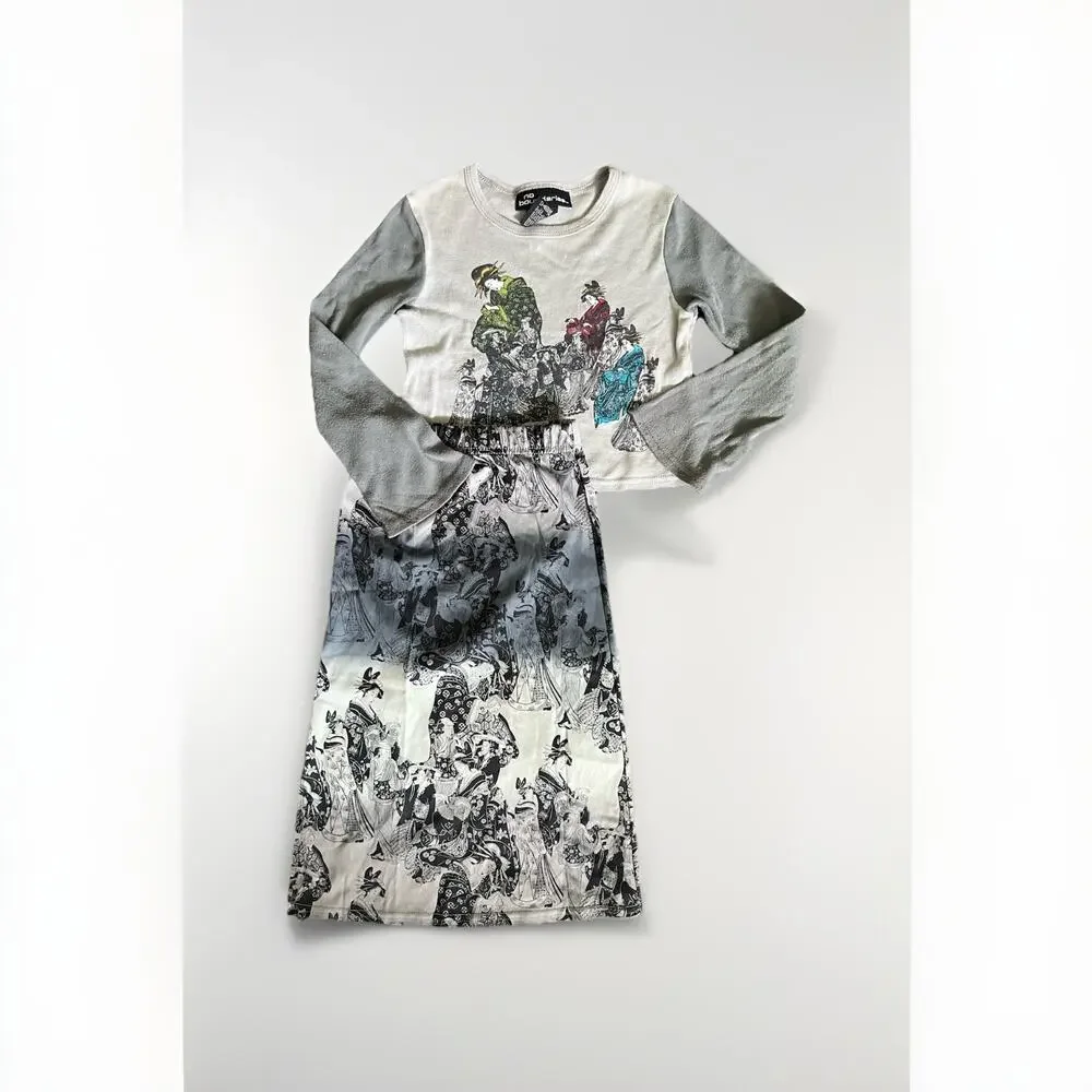 No Boundaries VTG Y2k Kids Girls 4/5 Skirt top Matching set Geisha Asian Gray